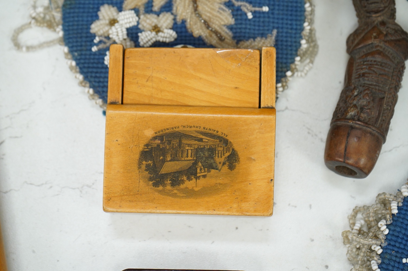 A collection of Victorian and later sundry items to include beadwork purse, watch holder, a kris handle and other treen
